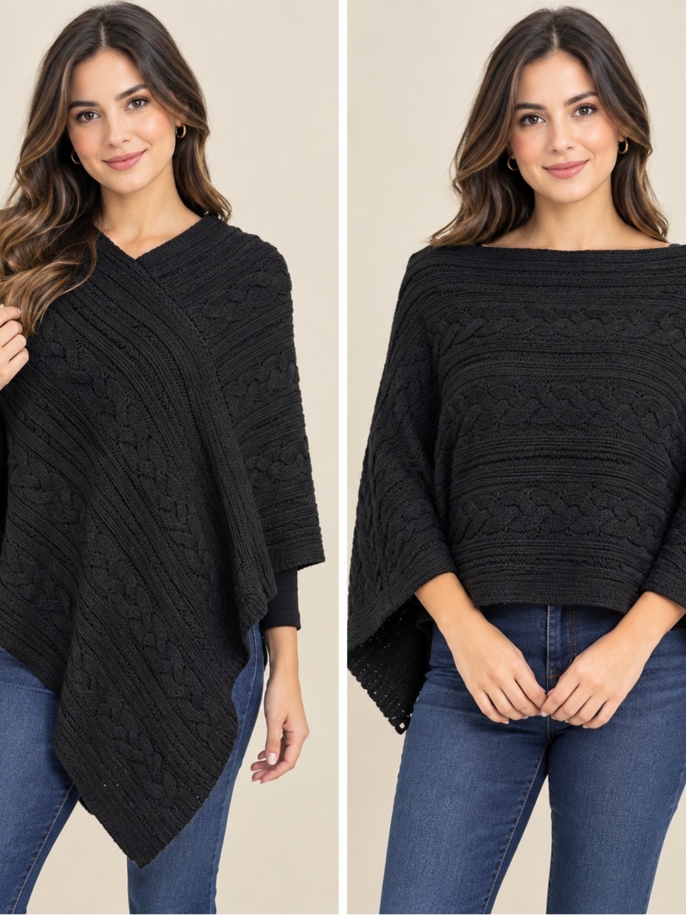 LOFT Black Cable-Knit Convertible Poncho Sweater One Size